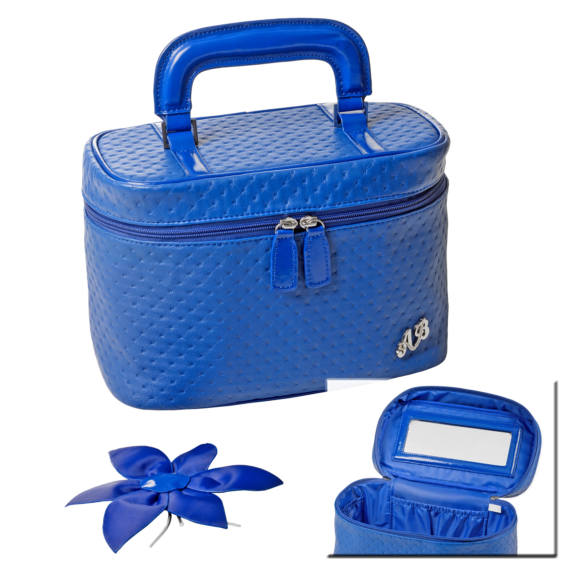 Blue Faux Leather Vanity Case Cosmetic Make Up Toiletry Beauty Bag 