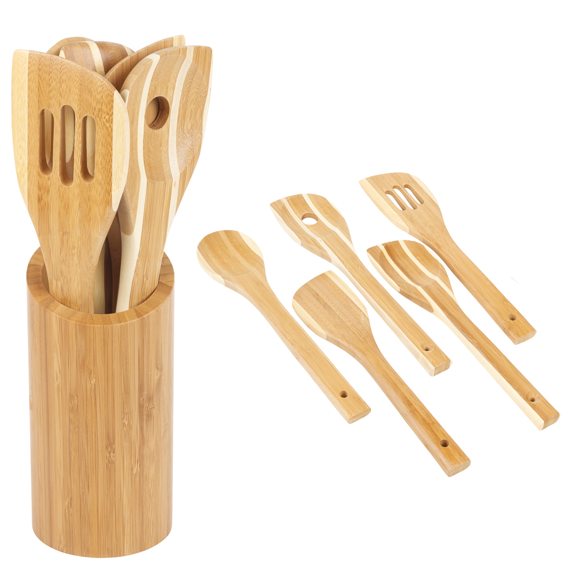 6pcs Bamboo Kitchen Utensil Set Spatula Spoon Holder Turners Tool