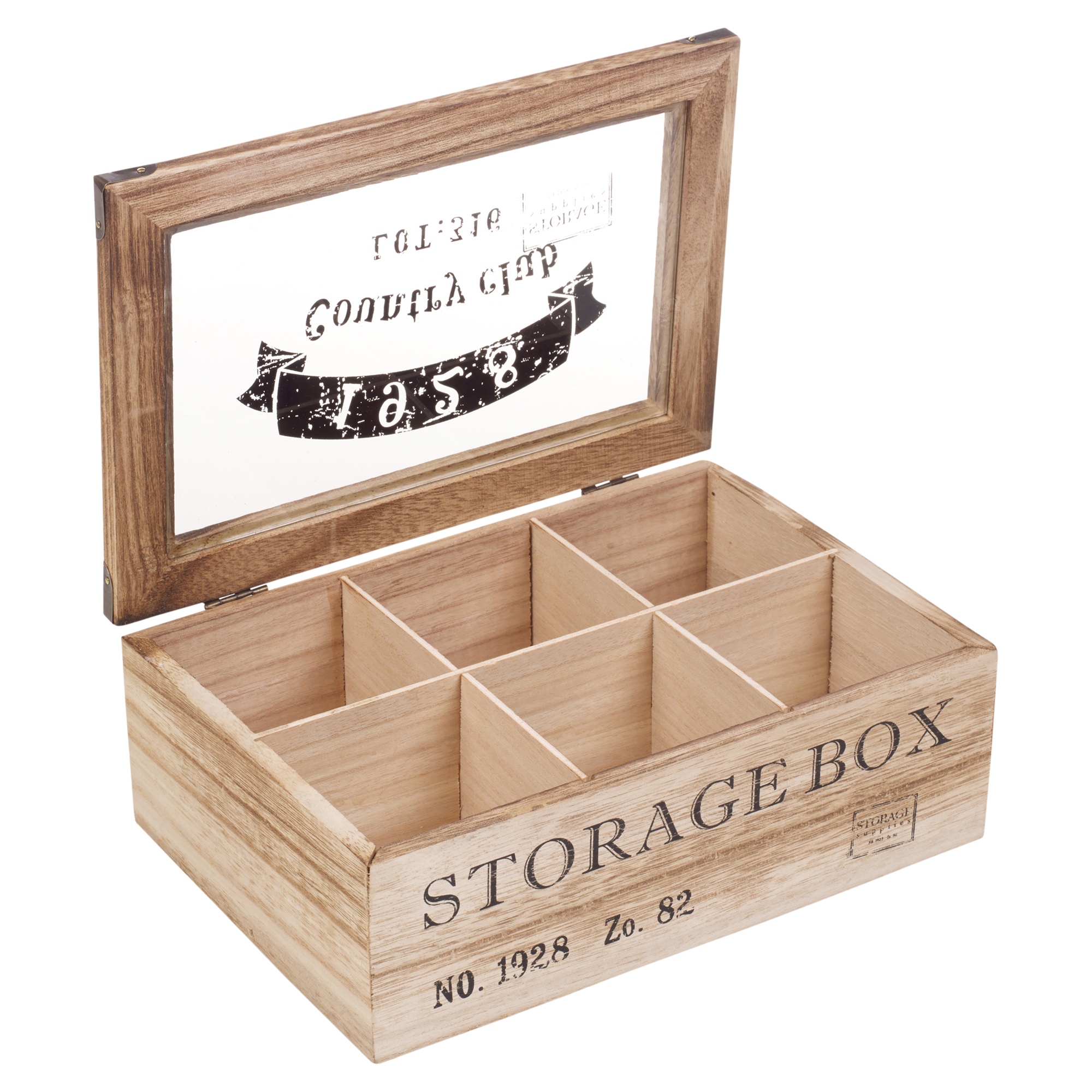 Wooden Tea Box 6 Or 9 Section Compartments Glass Lid Multi Storage ...