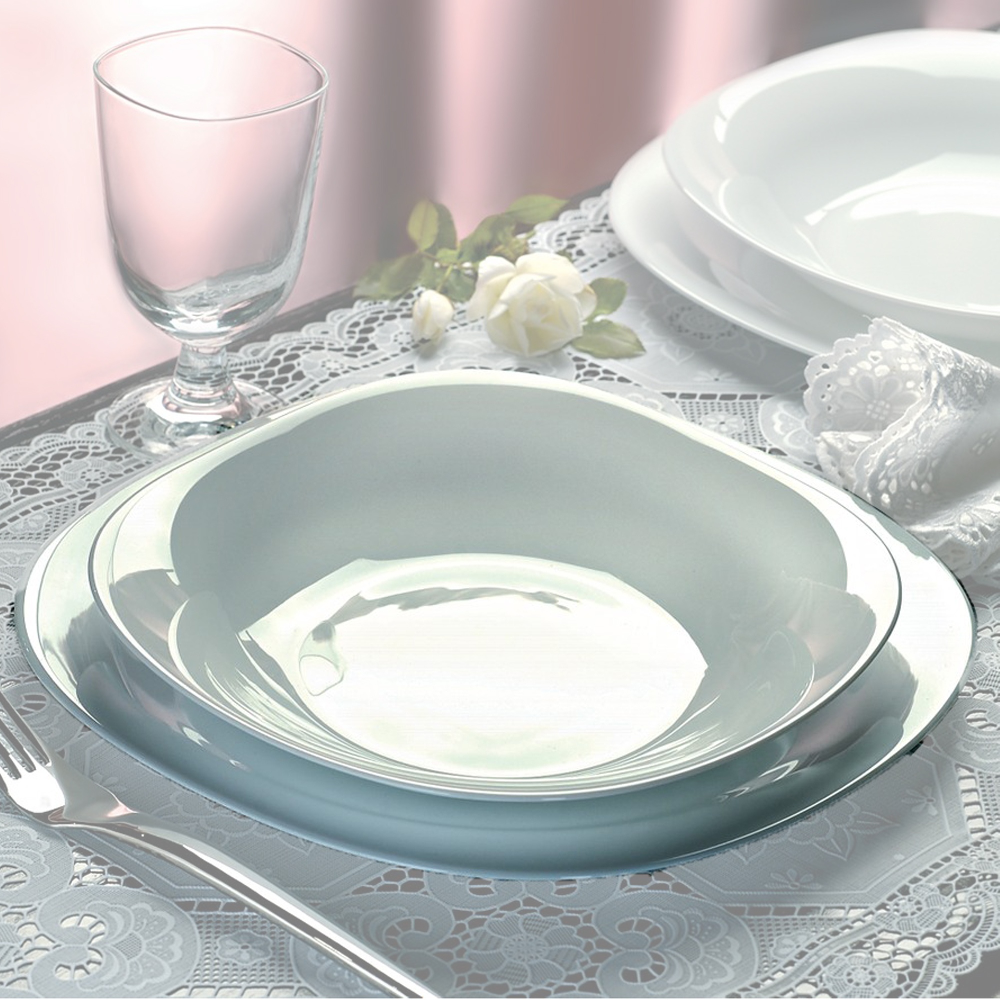Bormioli White Moon Square Dinner Service Set Opal Glass Dinnerware