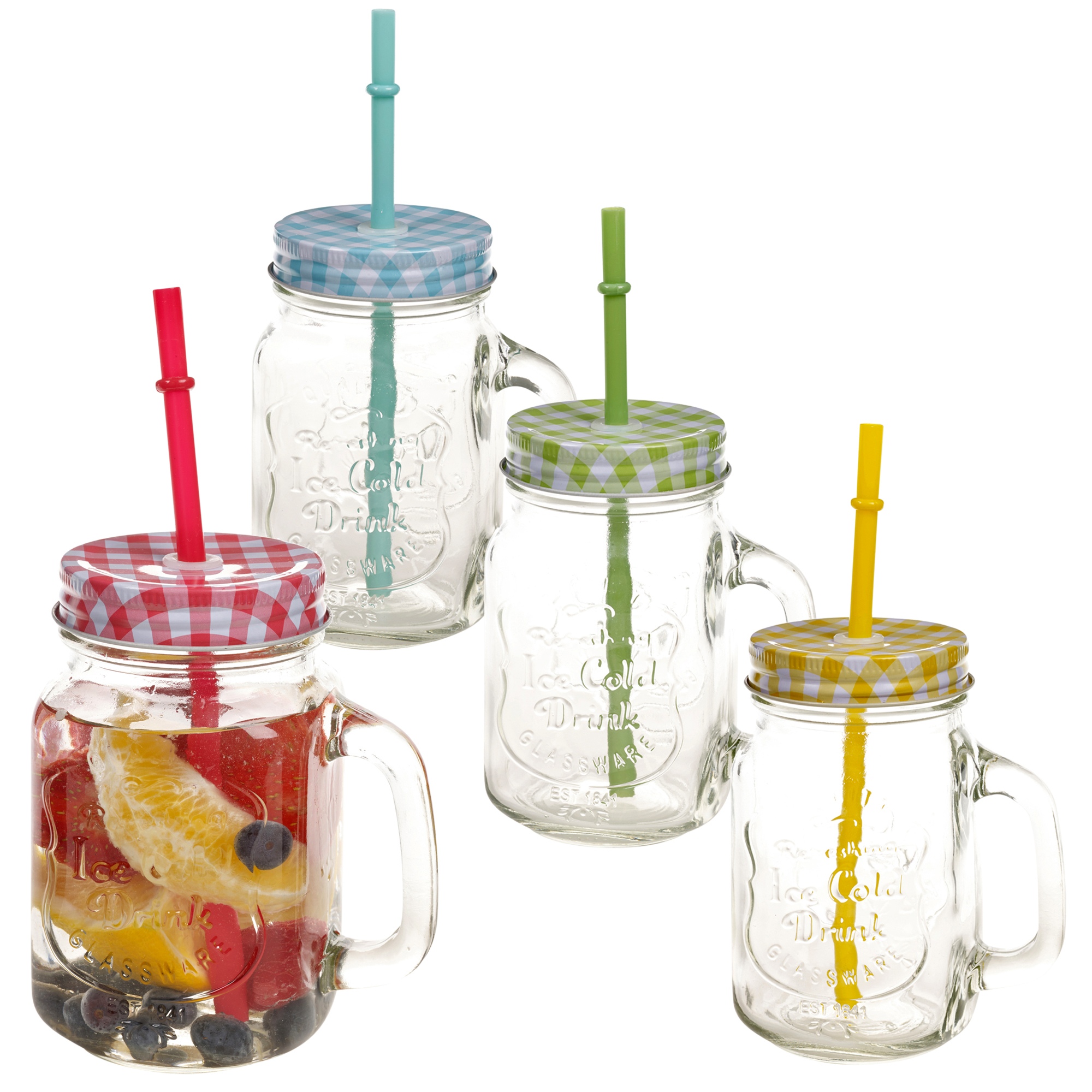 New Set 6 Retro Clear Glass Mason Jar Drinking Mugs With Handle Straws Screw Lid Food And Kitchen