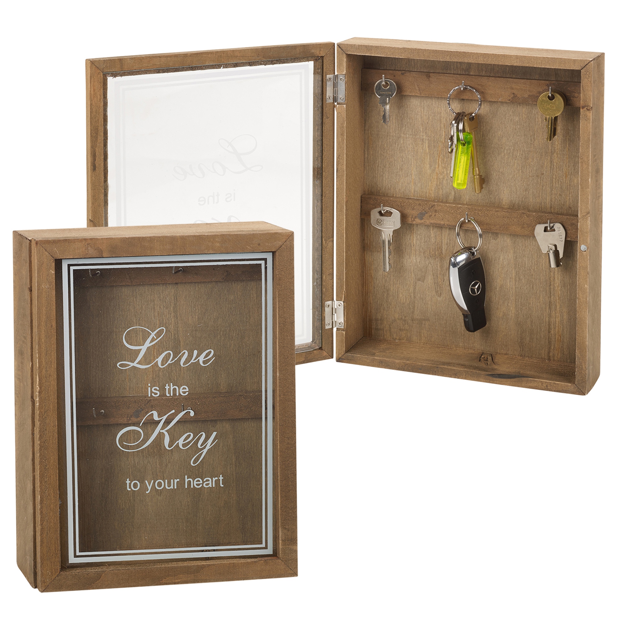 Wooden Key Box Glass Door Magnetic Lock 6 Hooks Wall Mounted Storage ...