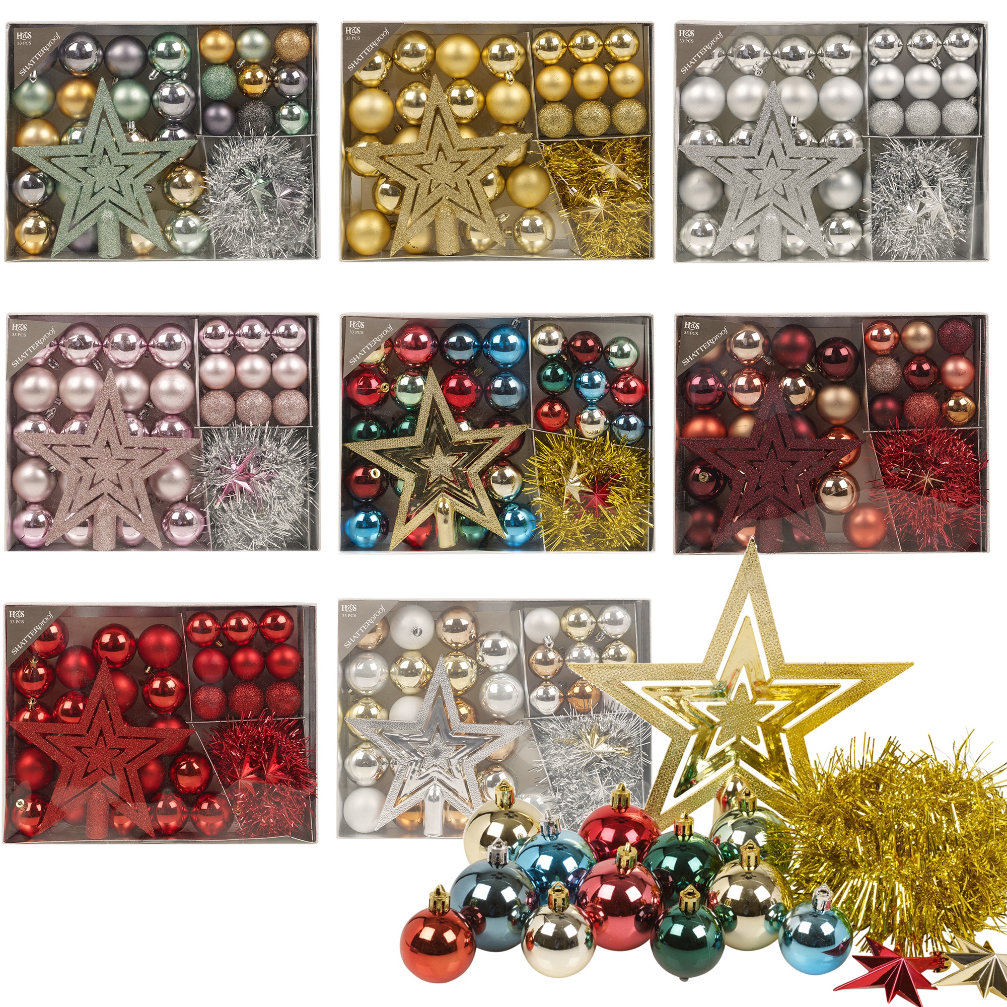 33 Pcs Christmas Tree Decoration Baubles Set Xmas Shatterproof Balls