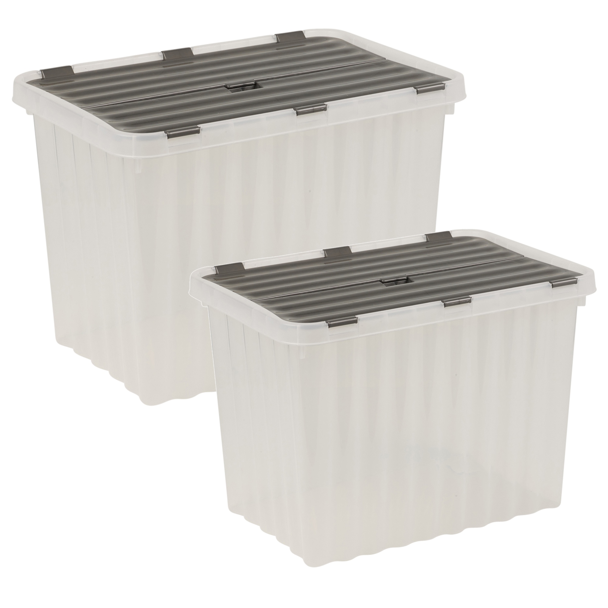 Plastic Storage Box Grey Hinged Lid Ripple Design Quality Stackable