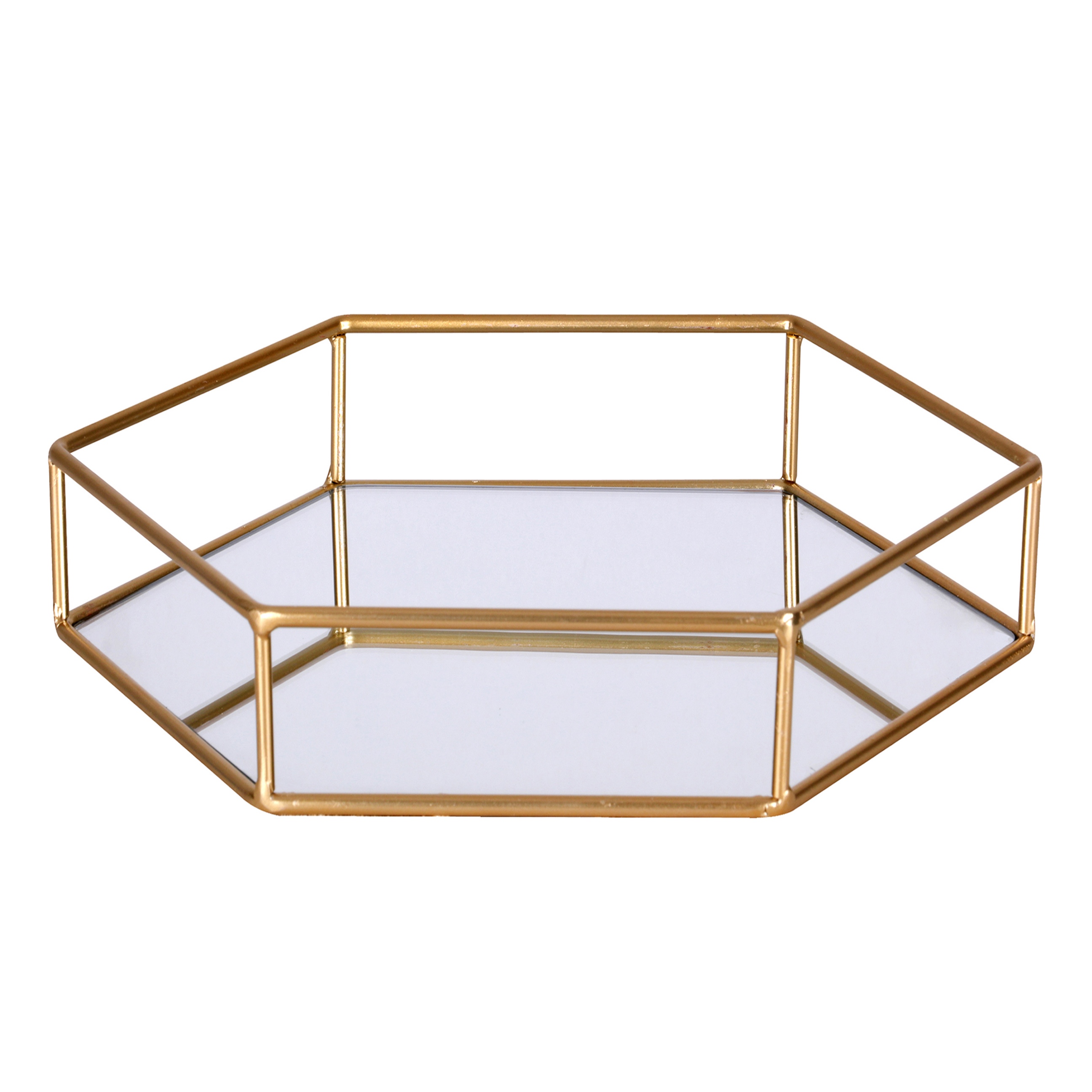 Hexagon Mirror Plate Jewellery Platter Metal Gold Frame Display ...