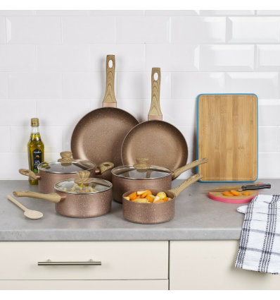 URBN-CHEF Rose Gold Pots & Pans With Wood Look Handles