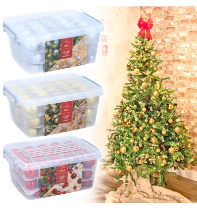 70 Christmas Baubles in Plastic Clip Lid Storage Box