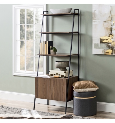 72" Industrial Style Wood & Metal Ladder Bookcase with Doors - Mocha [779672][142221]