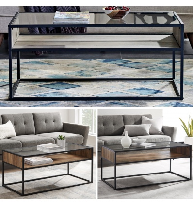 Glass Top Industrial Style Metal & Wood Coffee Table