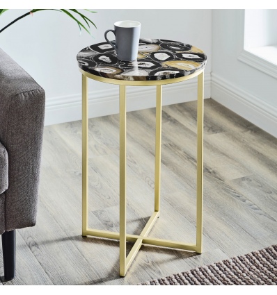 16" Faux Stone Round Glam Side Table - Black Agate/Gold [776664][703288]