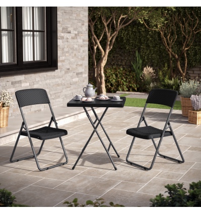 3 Pcs Bella Black Rattan Design Folding Table & Chairs Set