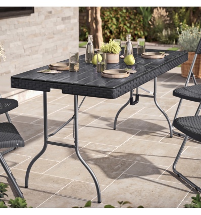 5ft Black Rattan Wood Look Folding Table [582817]