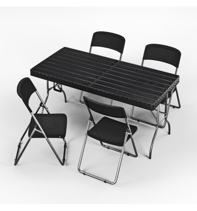 5ft Black Rattan Wood Look Folding Table & 4 Folding Chairs Set