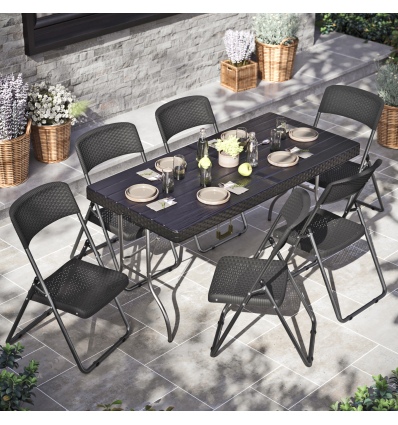 5ft Black Rattan Wood Look Folding Table & 6 Folding Chairs Set