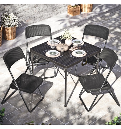 80cm Black Rattan Design Square Folding Table & 4 Folding Chairs