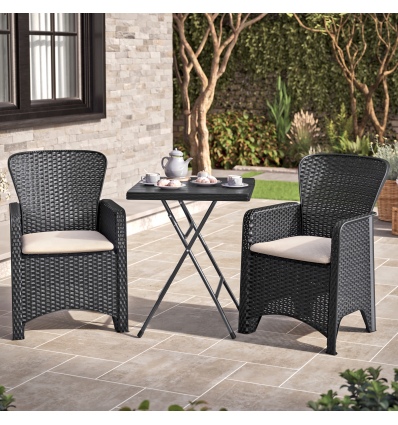 2 Black Rattan Romano Armchairs & 60cm Black Rattan Wood Look Square Folding Table