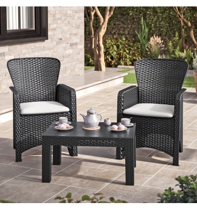 2 x Romano Armchairs + Black Rattan Wood Look Coffee Table Bench