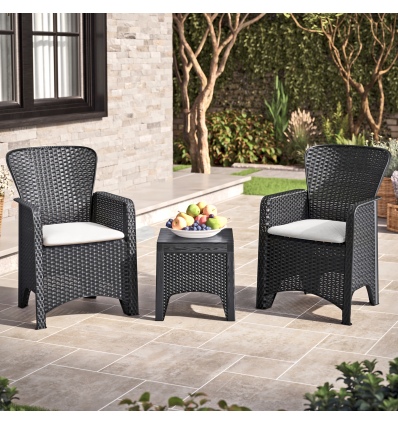 2 x Romano Armchairs + Square Black Rattan Wood Look Square Coffee Table Bench